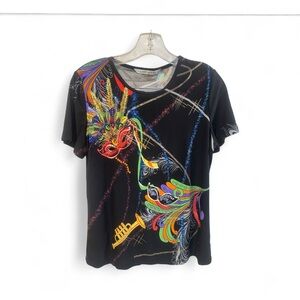 Peter Nygard Black Multicolor Mardi Gras Graphic Short Sleeve Blouse Size Medium